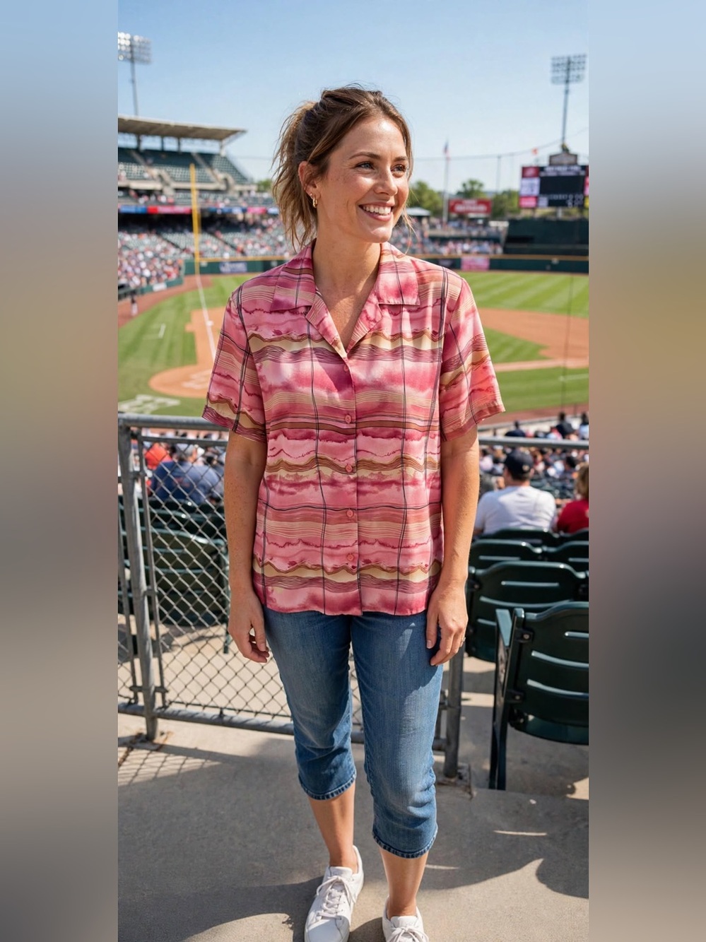 Notations Pink Striped Short Sleeve Button-Front Top